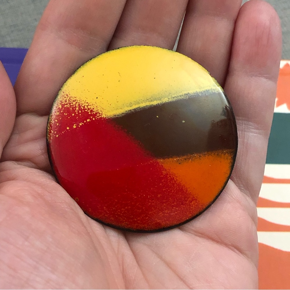 Large vintage enamel on copper dome circle brooch orange red yellow
